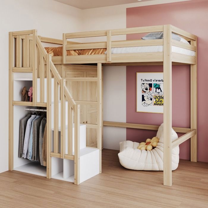 Lit mezzanine enfant 90x200 cm Lit simple bois avec escalier de rangement penderie et sommier à lattes - naturel