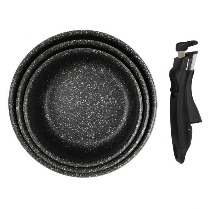 Set de 3 casseroles en aluminium revêtement effet pierre avec 1 poignée amovible