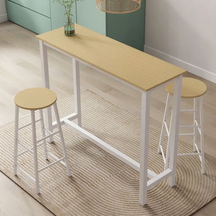 Table haute de bar avec deux tabourets 120x100x40 cm Couleur Blanc et Sonoma Table de cuisine pour 2 personnes Modèle Ani Table haute de bar avec deux tabourets 120x100x40 cm Couleur Blanc et Sonoma Table de cuisine pour 2 personnes Modèle Ani