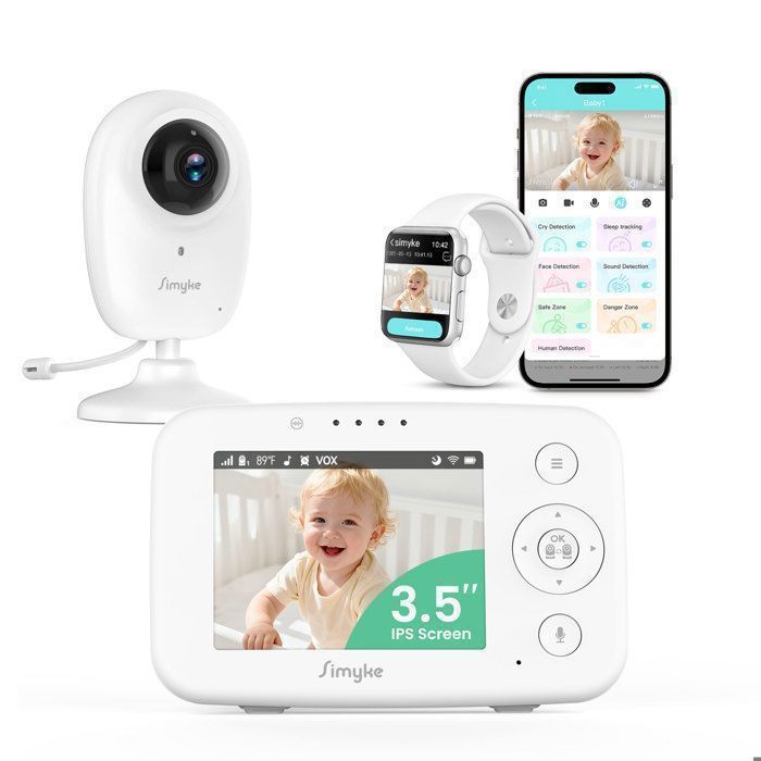 Simyke Moniteur Bébé Ecran HD 3.5 Caméra Bidirectionnelle Vision Nuit Détection Température VOX Berceuse