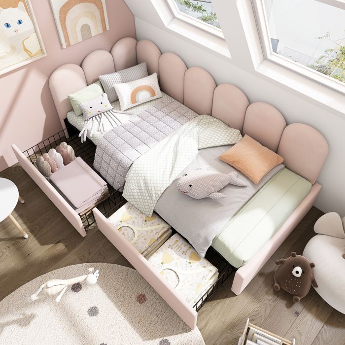 Lit simple rembourré 90 x 200 cm avec 2 Tiroirs Lits simples en velours avec sommier à lattes pour adolescent et adulte Rose