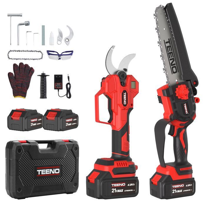Ensemble dOutils de Jardinage - TEENO - Mini tronçonneuse 6 pouces - Sécateur électrique 40 mm - 2x4.0Ah batteries