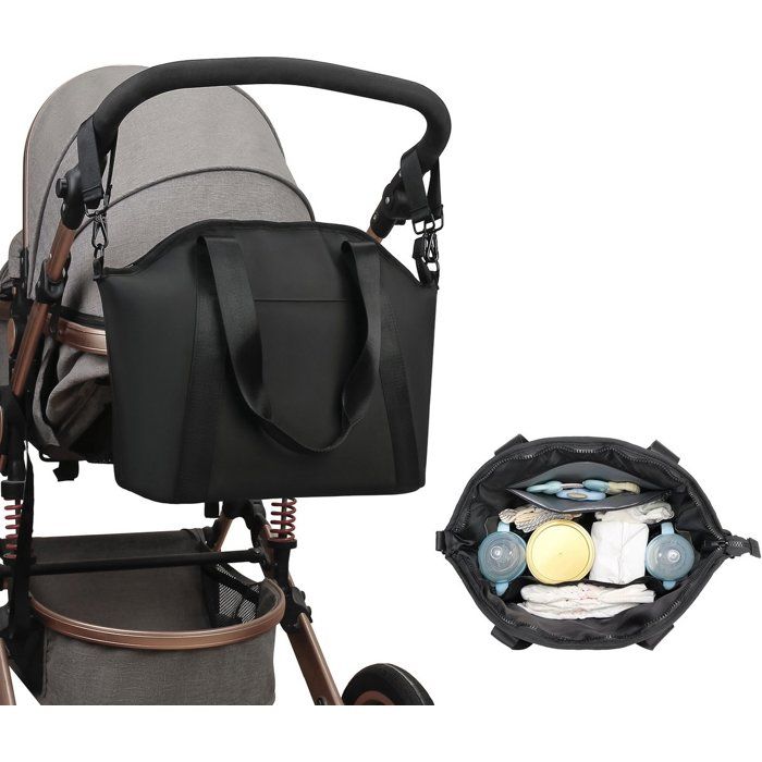 Sac à langer isotherme en cuir PU noir - Sac de rangement imperméable - Sac à langer pour poussette - Organisateur de voyage pour