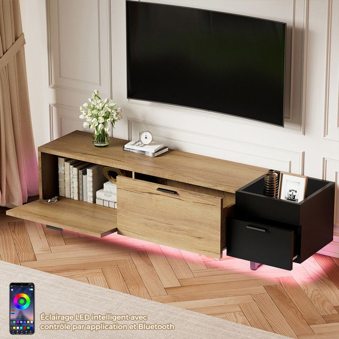 Meuble TV Bois 180 cm avec Éclairage LED Table TV Industriel avec Compartiments Tiroirs Pieds de Support en Métal Naturel + Noir