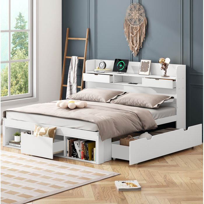 Lit adult 140x190 cm.avec rembourré. plusieurs compartiments de rangement +tiroirs. sans matelas.bois.blanc
