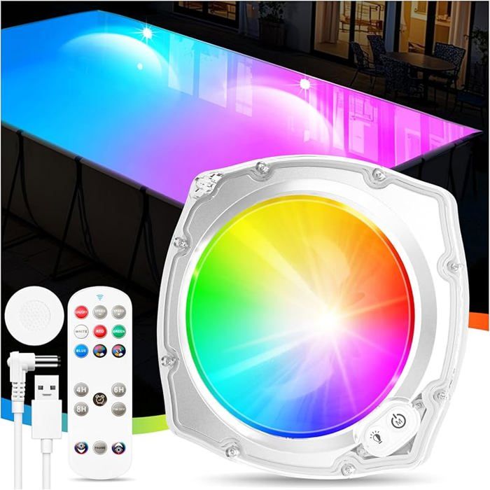 Lumiere Piscine Hors Sol avec Télécommande Rechargeable LED Lumiere Piscine Sous l' Eau avec 9 Modes Eclairage Multic PROJECTEUR
