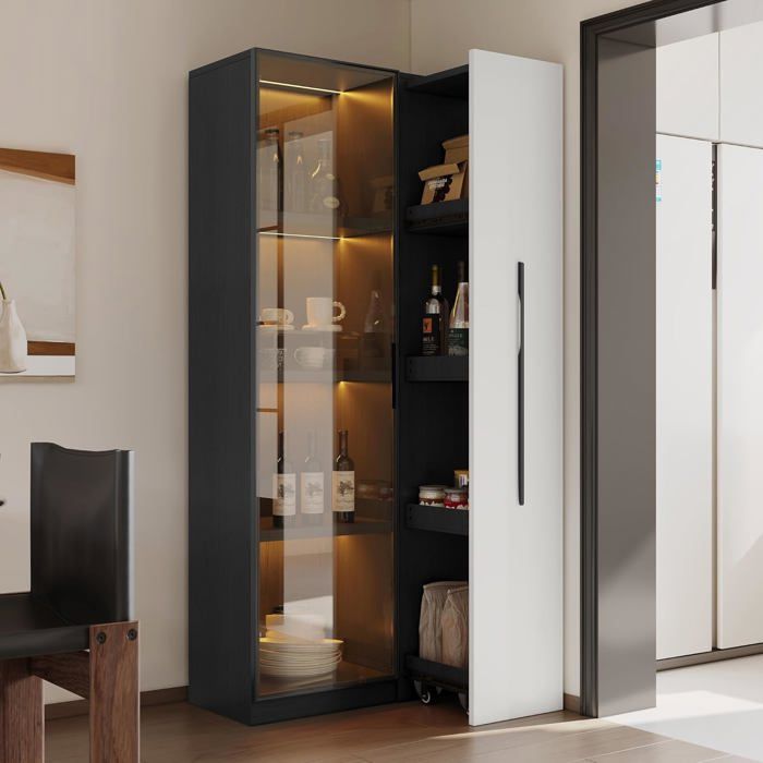 Vitrine en Verre pour Collection Armoire Salon Modernes avec Portes et Tiroirs Latéral Vaisselier Vitrine LED Blanc & Noir