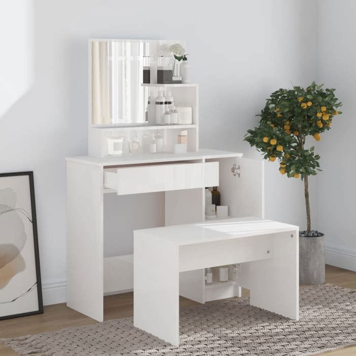 (11698)Moderne Coiffeuse avec miroir blanc brillant 86 5x35x136 cm poid:28.77 kg