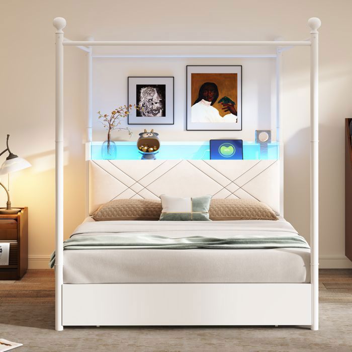 LINHOO Lit Baldaquin 140x190 cm avec LED USB Type-C 3 Tiroirs et Rangement Structure Métal Blanc