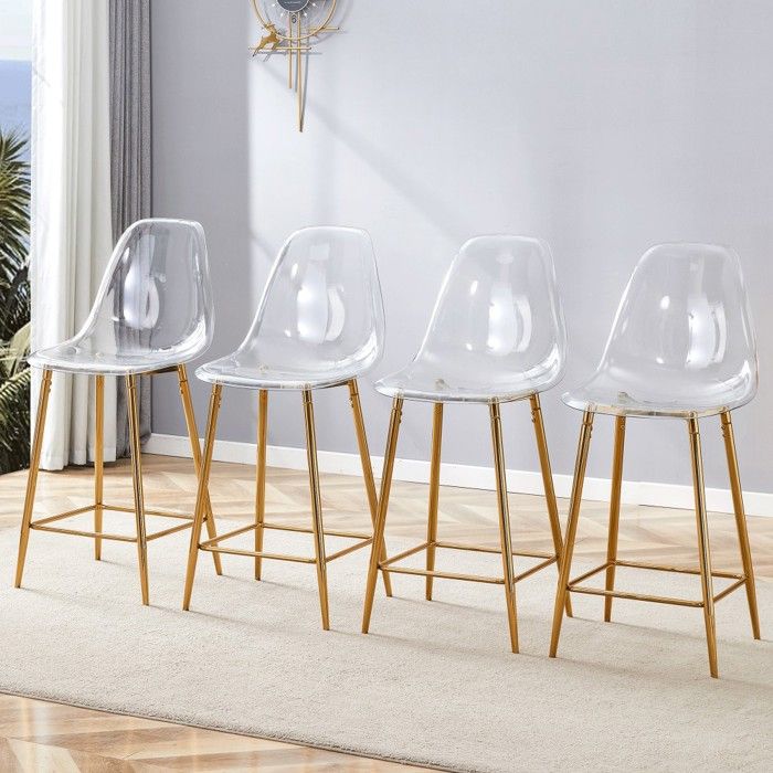 Lot De 4 Tabourets Bar Transparents 43.18x50.8x101.6cm métal Doré chaise Moderne Adaptée Cuisine Bar salle À Manger Sans Table