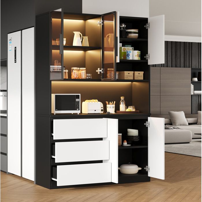 Buffet de cuisine multifonction noir et blanc avec LED réglable 3 tiroirs 6 portes 1205 x 40 x 180 cm