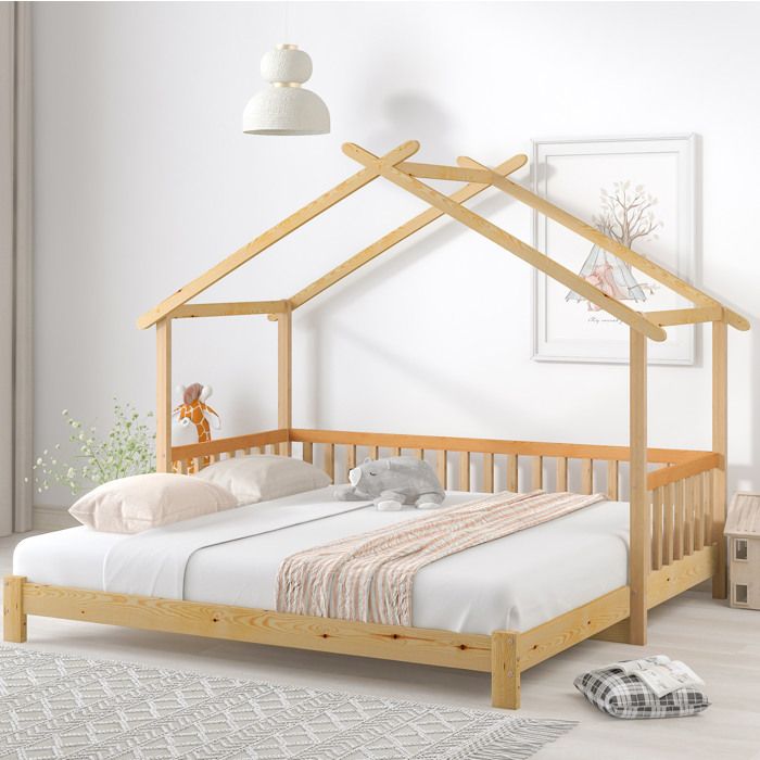WOVREO lit cabane évolutif enfant en pin massif naturel 200x90/200x180 cm avec barrières 3 côtés