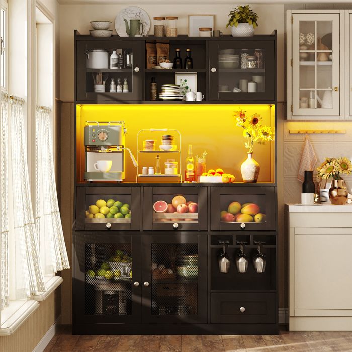 Buffet haut de cuisine 120x40x181 7 cm-porte vitrée-LED multicolore APP-prise électrique et USB-porte-verres-étagères réglables-Noir