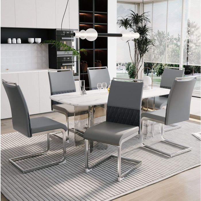 Lot de 6 Chaises de Salle a Manger Modernes Gris Dossier Haut Rembourre PU Lin Structure Metallique Design Ergonomique