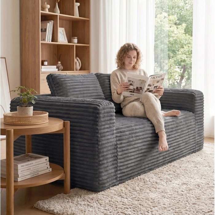 Canape 2 Places En Corduroy Gris Loveseat Moderne FloraGrace Pour Salon Chambre Ou Bureau Sans Montage 160x88x58cm