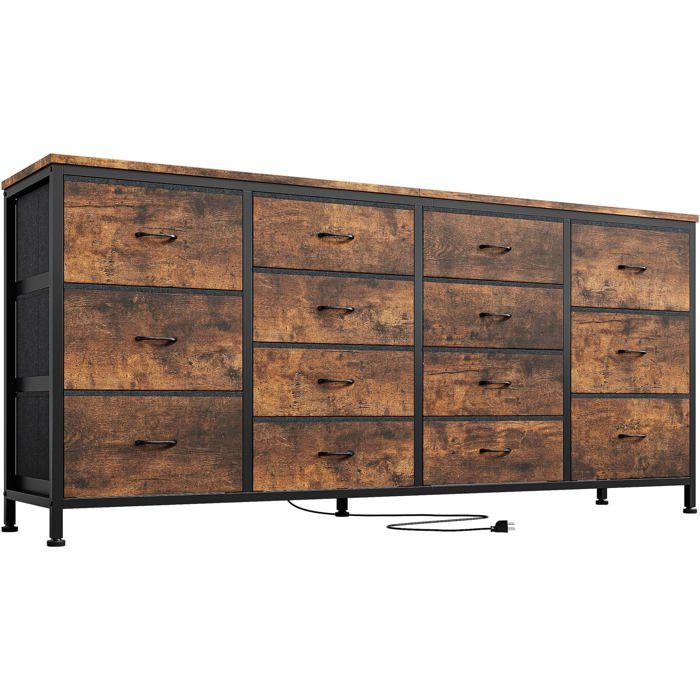 Commode moderne 14 tiroirs en tissu Meuble TV jusquà 75 pouces structure acier avec prises électriques et ports USB Marron bringé