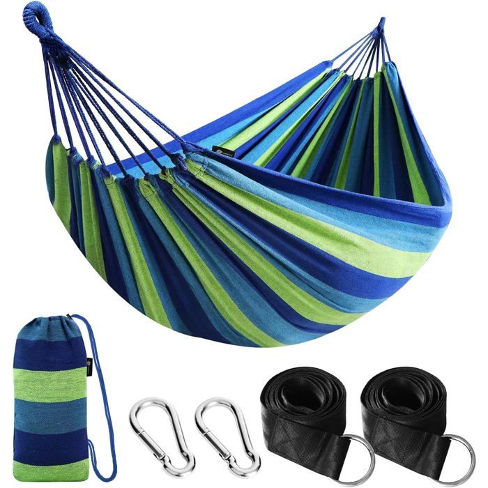 Hamac extérieur en toile de coton - sangles nylon avec 2 mousquetons - charge 300 kg - sac de rangement inclus - portable