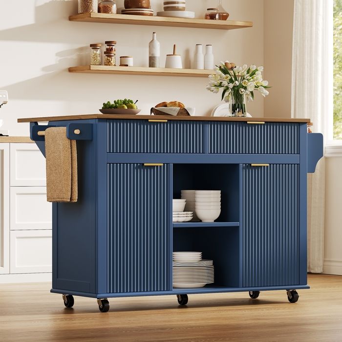Îlot Central de Cuisine Mobile avec Plan de Travail Rabattable Desserte de Cuisine sur roulettes avec 2 Tiroirs 2 Portes Bleu