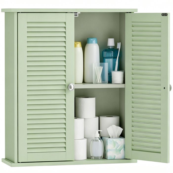 Armoire murale de salle de bain - HOMCOM - 2 portes persiennes et étagère réglable - bois - 60x20x70cm - vert Armoire murale de salle de bain - HOMCOM - 2 portes persiennes et étagère réglable - bois - 60x20x70cm - vert