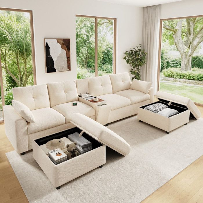 Canapé dangle 6 places en U/L Canapé modulable en chenille avec 2 poufs de rangement console centrale porte-gobelets beige