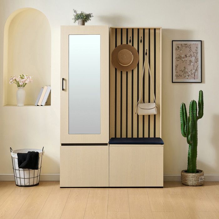 Meuble dEntrée Vestiaire avec Miroir et Banc - 113.5x35x179.5cm - Meuble Rangement et Patères - Bois