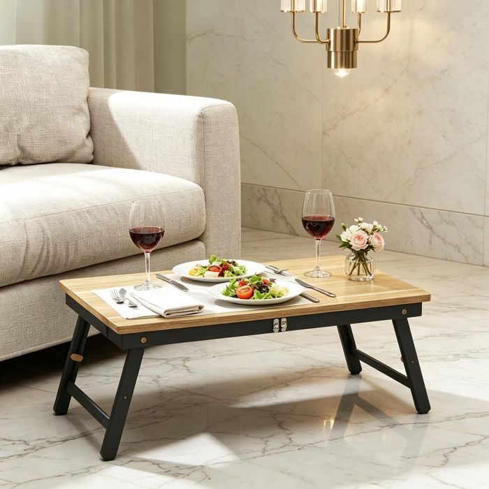 Table de Lit Pliable et Réglable 835x 33x235-34cm Noir/Chêne  Plateau pour Ordinateur Portable-Plateau Inclinable-Tiroir