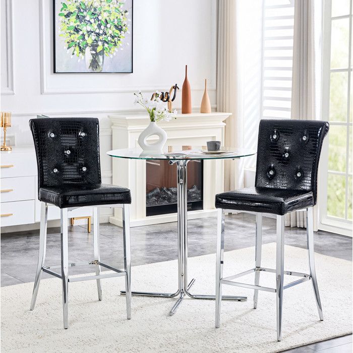 Maisentiel Lot de 2 tabourets de bar noirs en simili cuir aspect crocodile avec dossier haut et pieds chromés