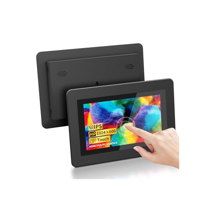 Écran Tactile 7 Pouces Mini Moniteur HD IPS 1024x600 avec Haut parleurs Intégrés Entrées HDMI VGA AV pour Raspberry Pi PC TV CNC