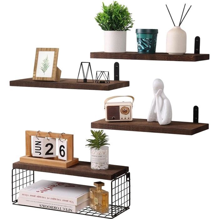 Étagère murale suspendue - NIKCORP - Lot de 4 (40x15 cm) - Bois de Paulownia - Panier métallique - Charge 10 kg