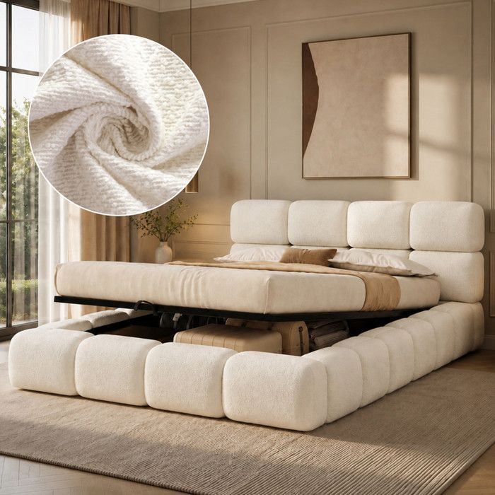 Luscriate - Lit coffre 160x200 cm Lit capitonné Lit double avec rangement hydraulique design nuage bouclé - blanc
