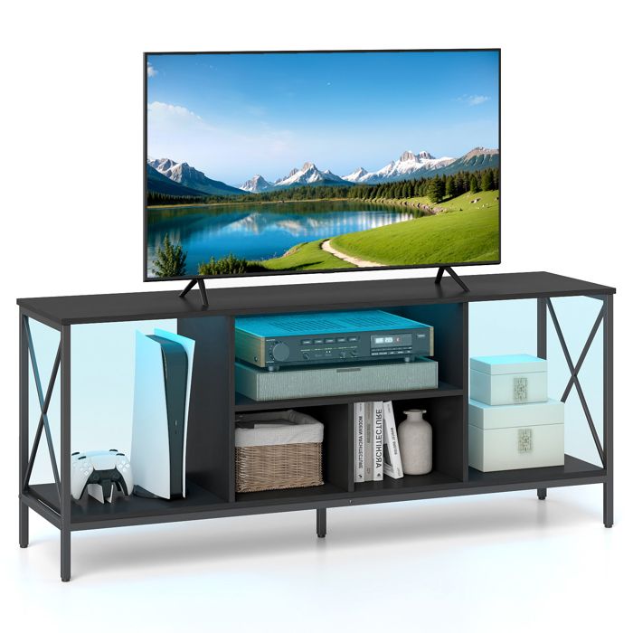 COSTWAY 65 Meuble TV avec LED 5 Compartiments Ouverts Pieds Métalliques Surélevés pour Salon Chambre à Coucher Noir