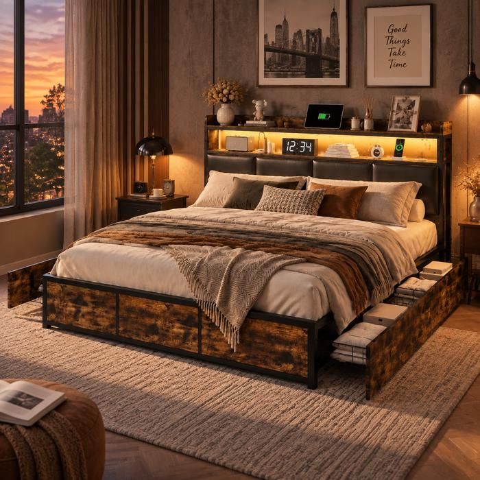 Lit 140x200 cm avec 4 tiroirs lit double avec tête de lit rangement lit adult avec led cadre métal sommier métal - industriel