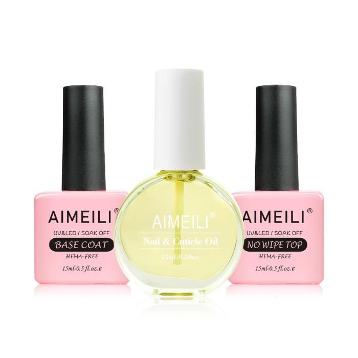 AIMEILI Base et Top Coat Vernis Semi Permanent avec Huile Cuticule Ongles 3*15ML No Wipe Top Coat UV LED Nail Polish Soak Off Kit