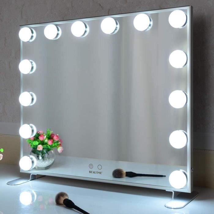 Blanc 83cmX67.5cm Meidom Hollywood Miroir de Maquillage avec Lumière avec Prise USB Salle de Maquillage Grand Miroir Hollywood avec Éclairage pour Chambre Dimmable Table ou Mural