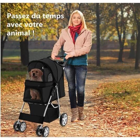 GYMAX Poussette pour Animaux avec Fenêtre en Maille, Chariot Pliant pour Chien avec Panier de Rangement et Porte-Gobelets, Noir