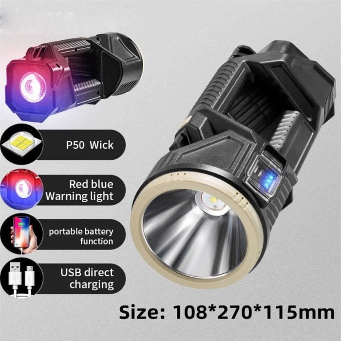 Lampe Torche LED 10 000 Lm Rechargeable USB - Noire - Ultra Puissante