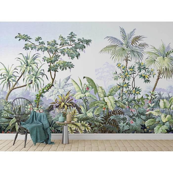 Papier Peint Panoramique jungle Soie,Tropical Rainforest Coconut Tree Poster Mural 3D pour Salon Chambre Décoration Murale,300x210cm