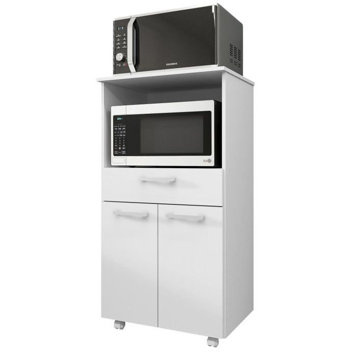 Meuble Bas Micro Onde 3 Portes 1 Tiroir Mylo -Blanc, chêne- Kit-M