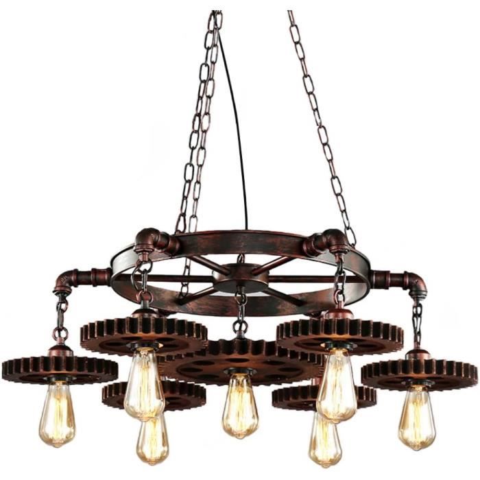 WTUOING Lustre Industriel 8 Lumières – Style Roue De Chariot Vintage Noir – Hauteur Réglable Salon & Cuisine