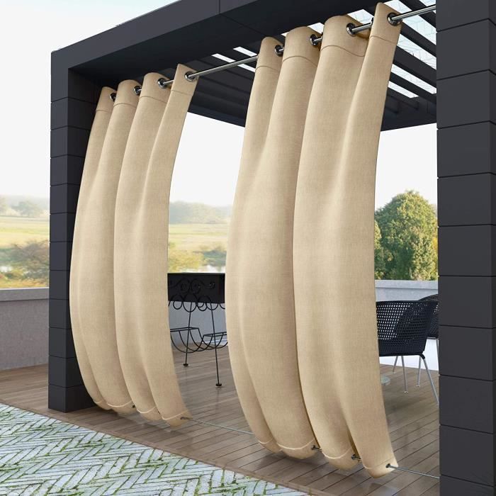 Clothink Rideau dextérieur 132 x 215 cm avec œillets anti-salissure balcon avec embrasses opaque et pare-vue pour véranda 1 pièce Imperméable terrasse gris transparent 