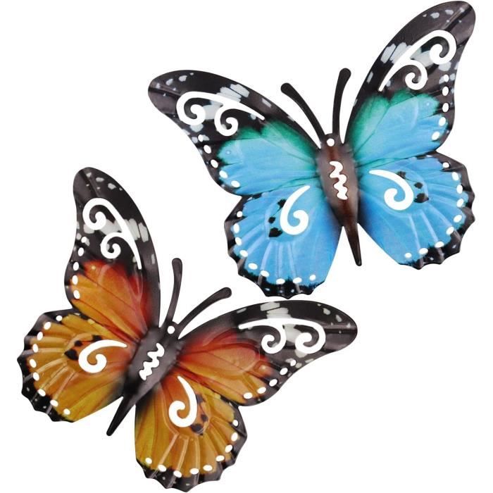 Papillons décoratifs de jardin en métal - Décoration murale - Papillons -  En fer forgé - 27 x 18,5 cm (bleu et jaune) (N) - Cdiscount Maison
