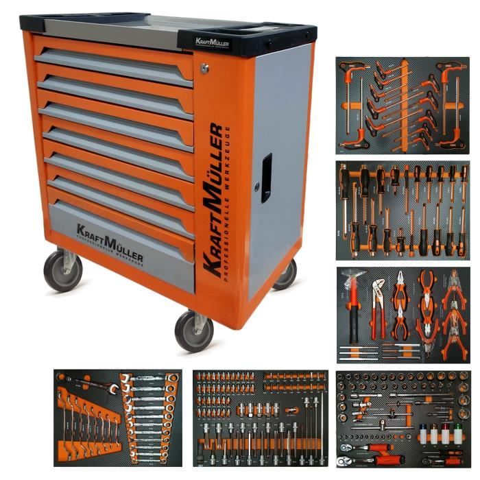 Kraft Muller KM-7-6-535PCS Servante d'atelier 219 outils inclus - 7 tiroirs  & 1 porte - Type chariot avec roulette - Orange - Cdiscount Bricolage