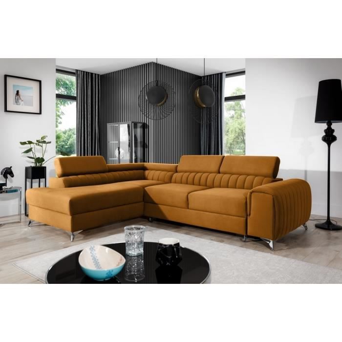 Canapé dangle convertible - LARRY VELOURS - en tissu Luxe bronze 5 places angle gauche (vu de face)
