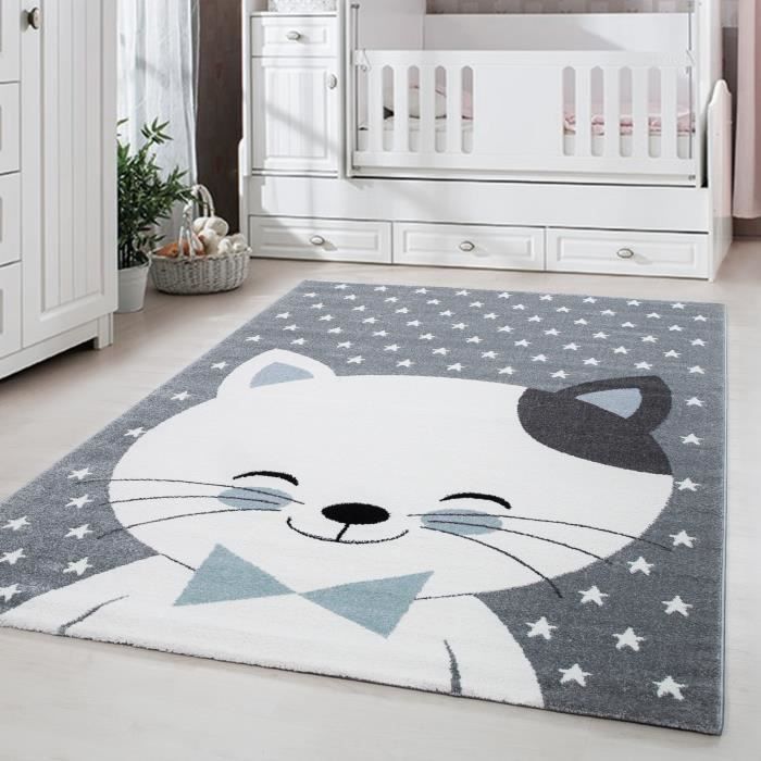 Tapis enfant chambre d'enfant chambre bébé Chat gris gris bleu Weis Oeko  Tex [120x170 cm] - Cdiscount Maison