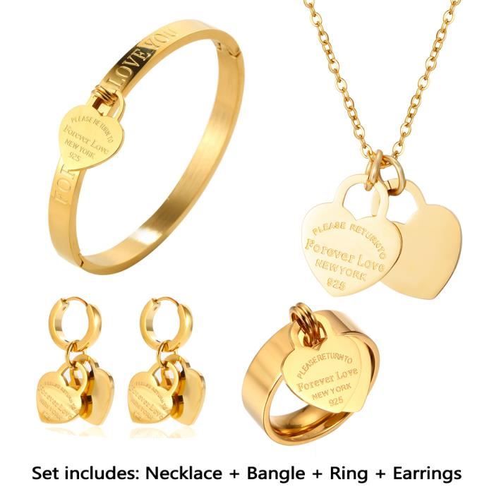 Ensemble Bijoux Cœur Cristal - Collier, Boucles D'Oreilles, Bracelet, Bague 4 Pièces Pour Femme