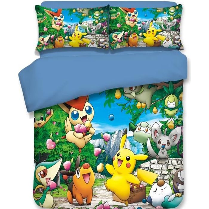 pokemon housse de couette fibre de polyester modele 17 1 parure de couette 200x200 cm 2 taies d oreiller 48x74 cm cdiscount maison