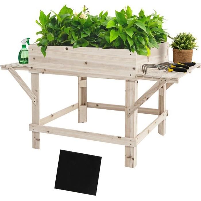 Jardinière surélevée en bois COSTWAY - 132 x 75 x 75 cm - 2 tables d'appoint - doublure en tissu non tissé