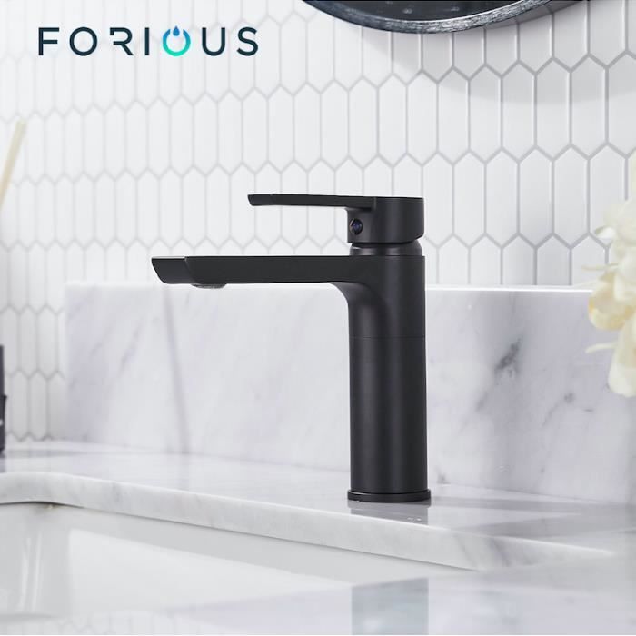 FORIOUS Robinet Salle de Bain en Laiton Mousseur ABS Monocommande avec Valve en Céramique et Aérateur Détachable Noir