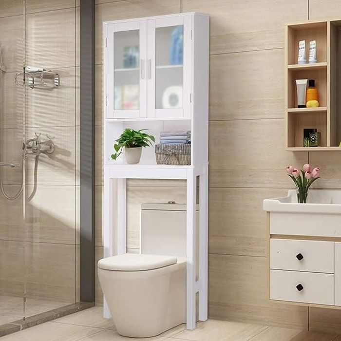 goplus meuble étagère de salle de bain, 57,5x18,5x163cm, rangement au dessus wc/lave-linge, portes verre mat & étagère