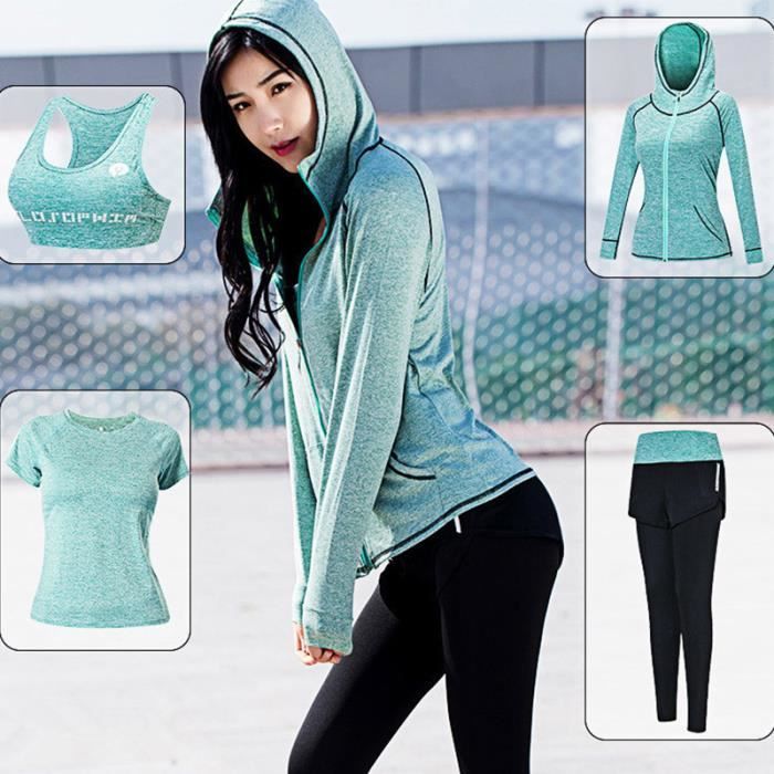 ensemble de vetements de sport femmes 4 pieces soutien gorge veste t shirt pantalon tenue femme de yoga gym jogging vert 4 pieces cdiscount sport